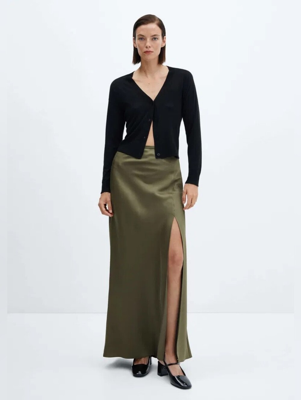 🔮 MANGO Olive Green Side Slit Satin Skirt Size 10 NWT 🔮 Whimsy Minimalist 🔮